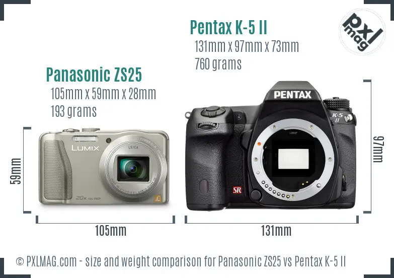Panasonic ZS25 vs Pentax K-5 II size comparison