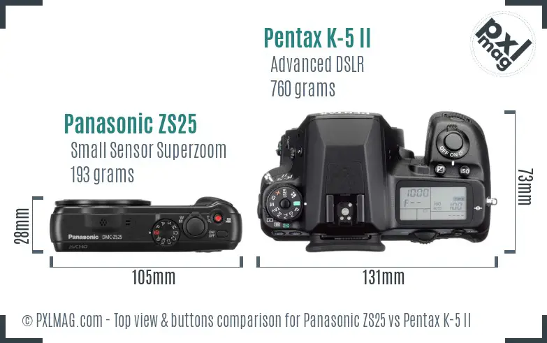 Panasonic ZS25 vs Pentax K-5 II top view buttons comparison
