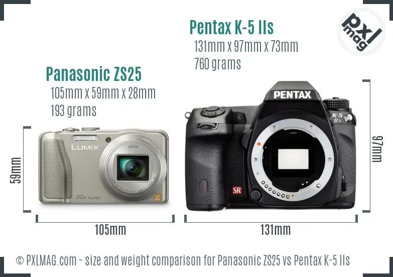 Panasonic ZS25 vs Pentax K-5 IIs size comparison
