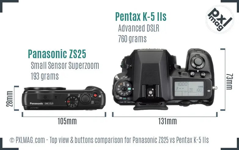 Panasonic ZS25 vs Pentax K-5 IIs top view buttons comparison