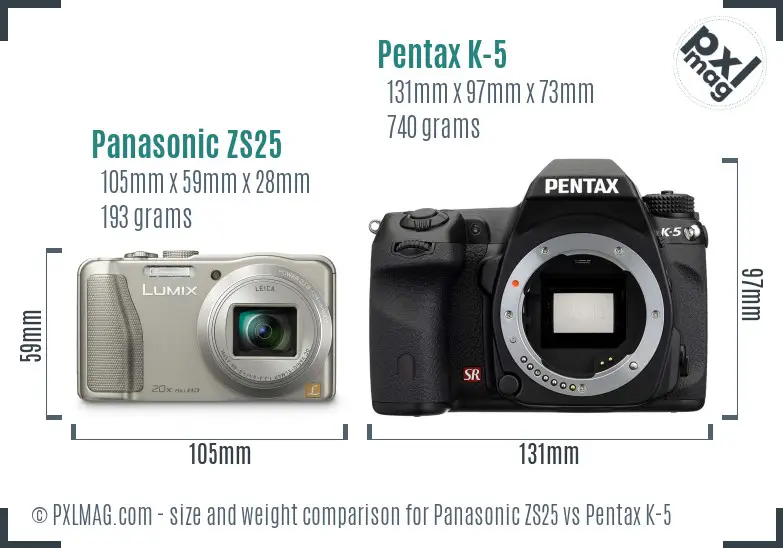 Panasonic ZS25 vs Pentax K-5 size comparison