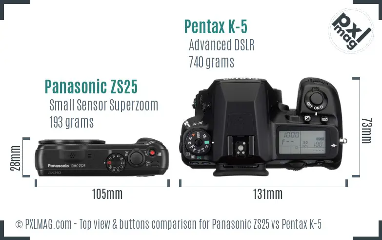 Panasonic ZS25 vs Pentax K-5 top view buttons comparison