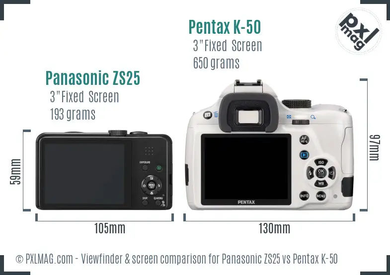 Panasonic ZS25 vs Pentax K-50 Screen and Viewfinder comparison