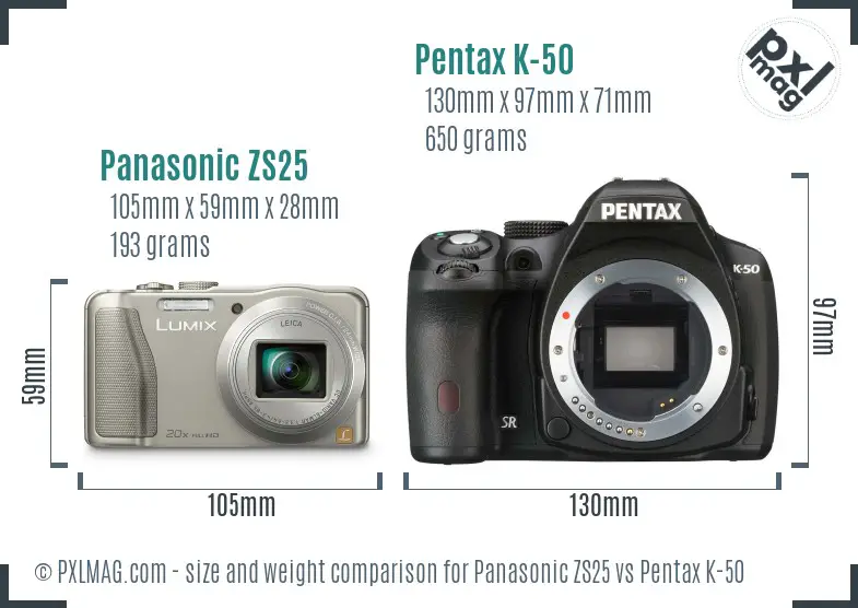 Panasonic ZS25 vs Pentax K-50 size comparison