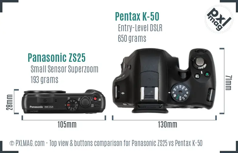 Panasonic ZS25 vs Pentax K-50 top view buttons comparison