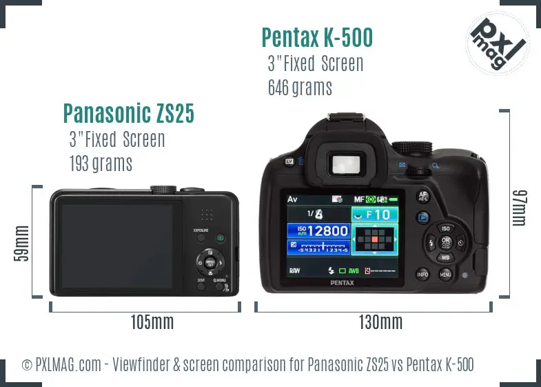 Panasonic ZS25 vs Pentax K-500 Screen and Viewfinder comparison