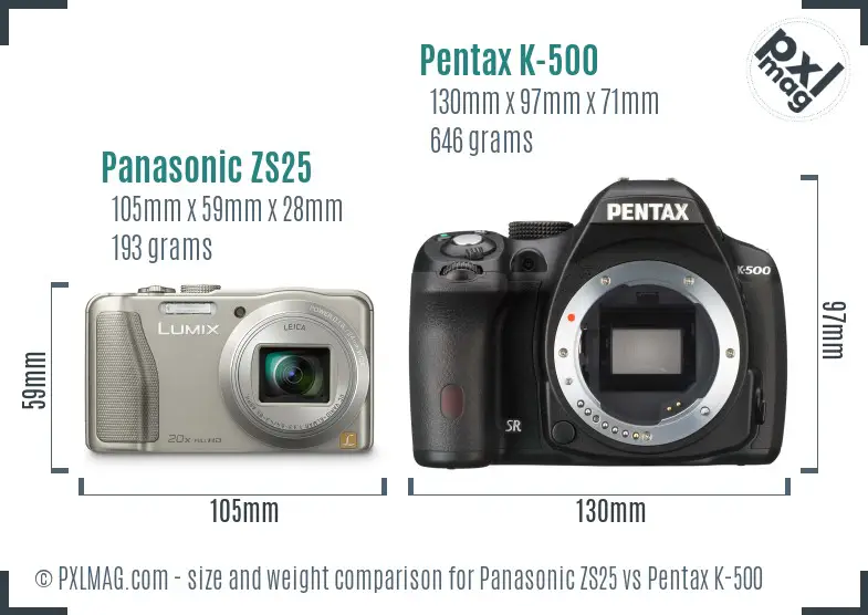 Panasonic ZS25 vs Pentax K-500 size comparison
