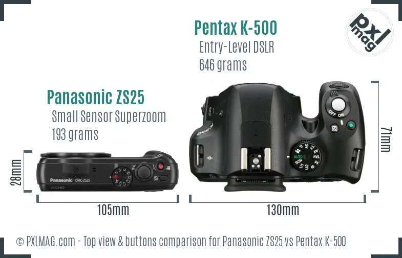 Panasonic ZS25 vs Pentax K-500 top view buttons comparison