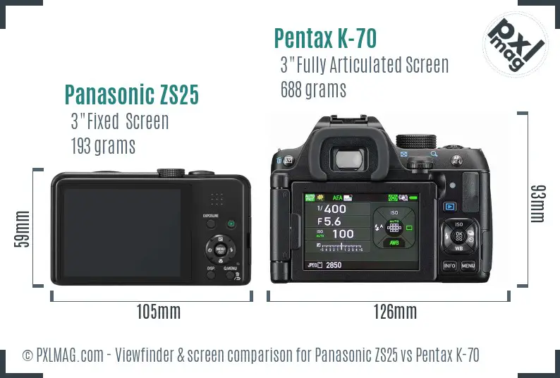 Panasonic ZS25 vs Pentax K-70 Screen and Viewfinder comparison