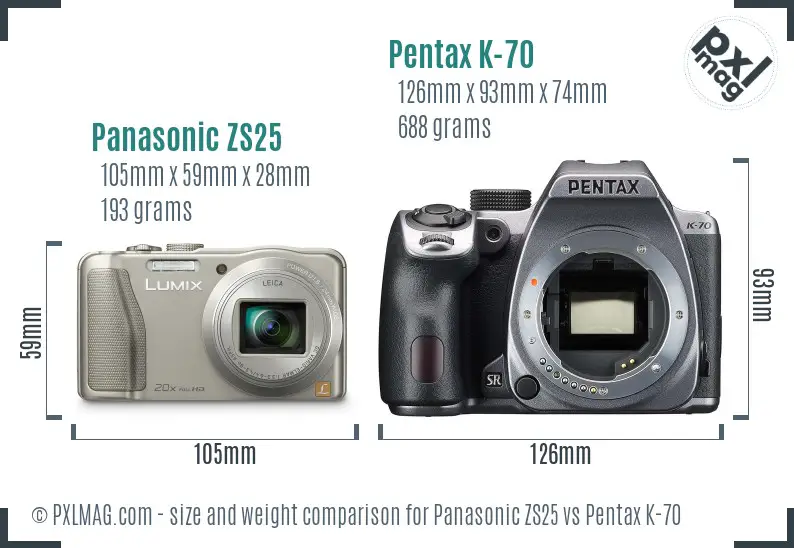 Panasonic ZS25 vs Pentax K-70 size comparison
