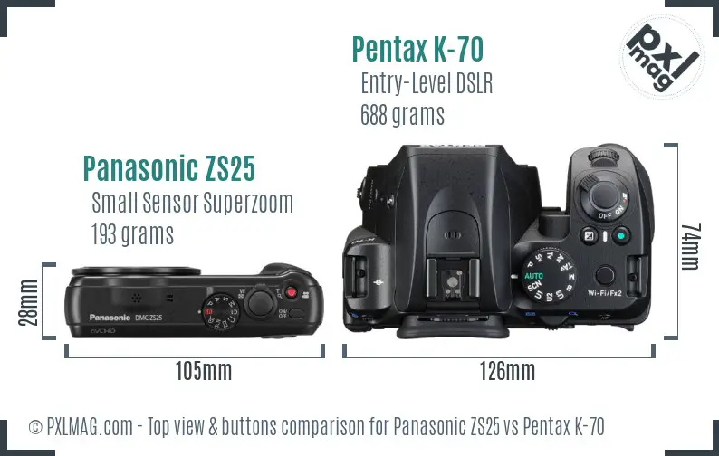 Panasonic ZS25 vs Pentax K-70 top view buttons comparison