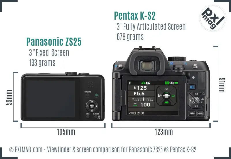 Panasonic ZS25 vs Pentax K-S2 Screen and Viewfinder comparison