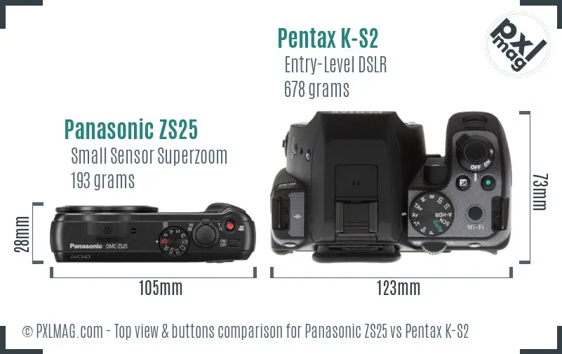 Panasonic ZS25 vs Pentax K-S2 top view buttons comparison