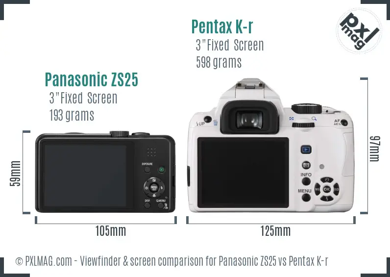 Panasonic ZS25 vs Pentax K-r Screen and Viewfinder comparison