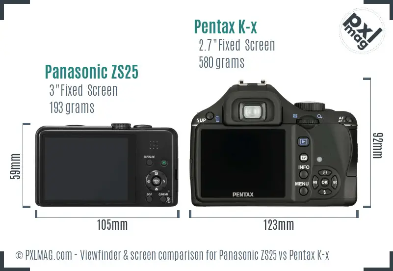 Panasonic ZS25 vs Pentax K-x Screen and Viewfinder comparison