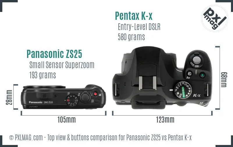 Panasonic ZS25 vs Pentax K-x top view buttons comparison
