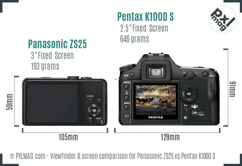 Panasonic ZS25 vs Pentax K100D S Screen and Viewfinder comparison