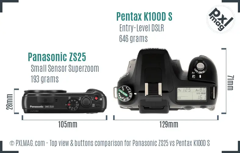 Panasonic ZS25 vs Pentax K100D S top view buttons comparison