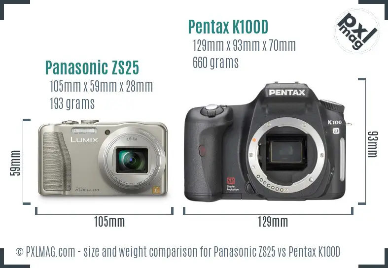 Panasonic ZS25 vs Pentax K100D size comparison