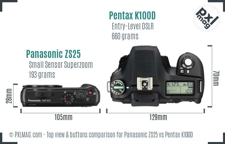 Panasonic ZS25 vs Pentax K100D top view buttons comparison