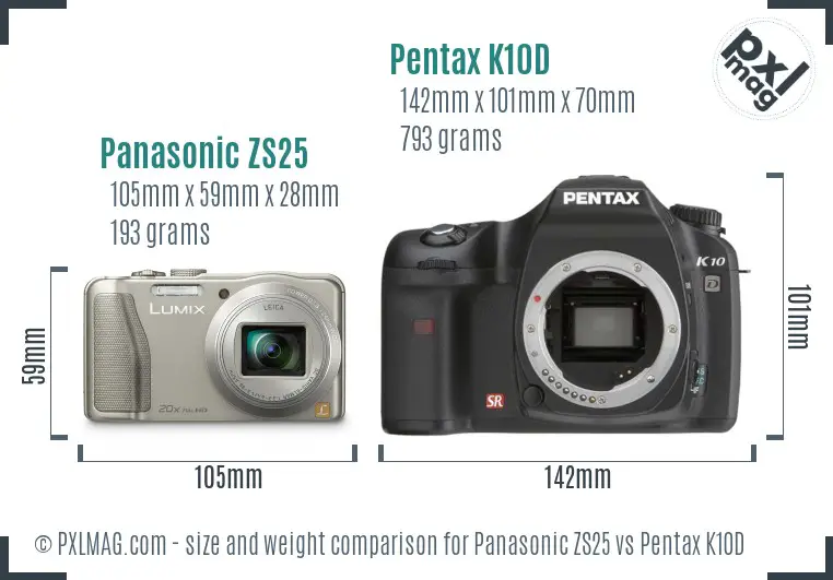 Panasonic ZS25 vs Pentax K10D size comparison