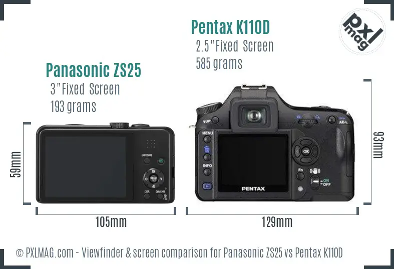 Panasonic ZS25 vs Pentax K110D Screen and Viewfinder comparison