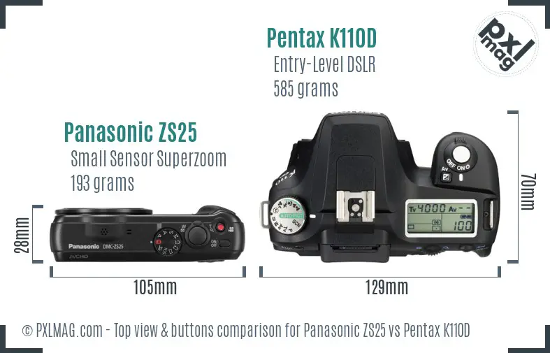 Panasonic ZS25 vs Pentax K110D top view buttons comparison