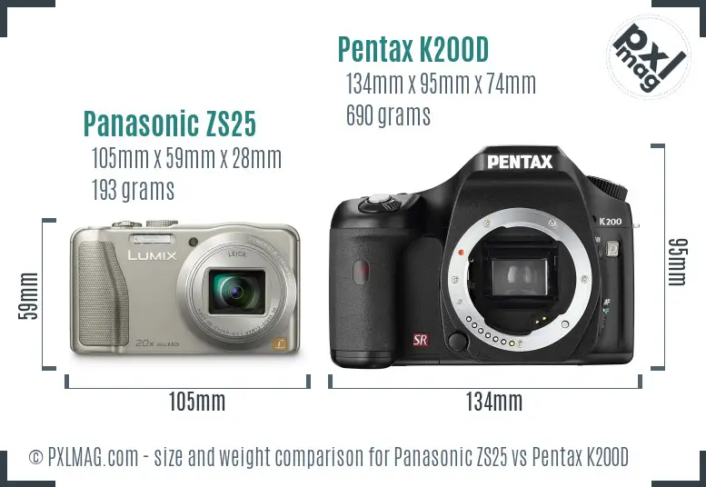 Panasonic ZS25 vs Pentax K200D size comparison