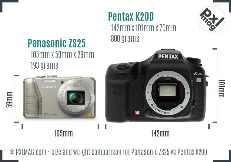 Panasonic ZS25 vs Pentax K20D size comparison