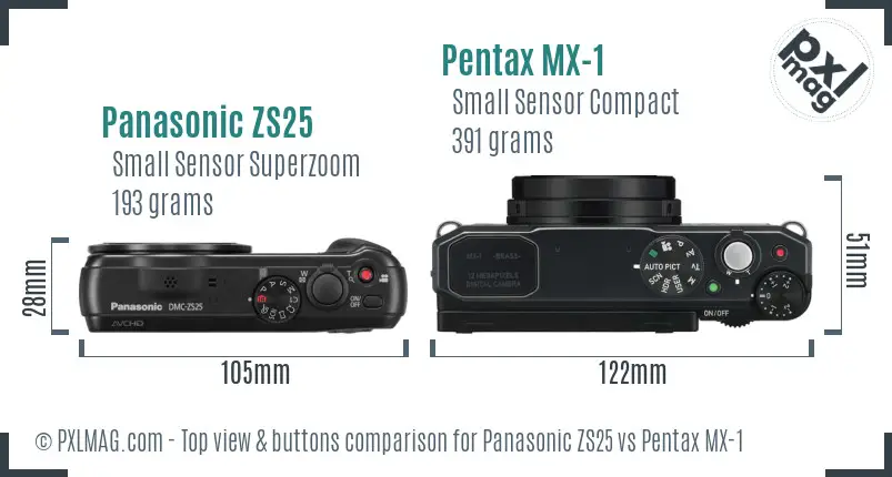 Panasonic ZS25 vs Pentax MX-1 top view buttons comparison