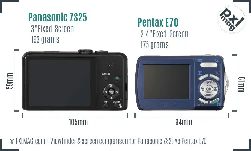 Panasonic ZS25 vs Pentax E70 Screen and Viewfinder comparison