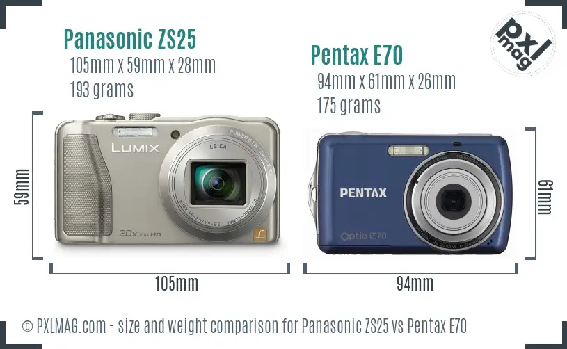 Panasonic ZS25 vs Pentax E70 size comparison