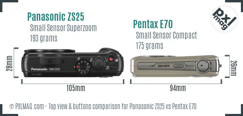 Panasonic ZS25 vs Pentax E70 top view buttons comparison