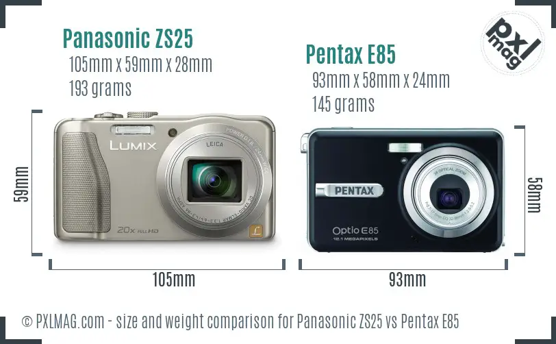 Panasonic ZS25 vs Pentax E85 size comparison