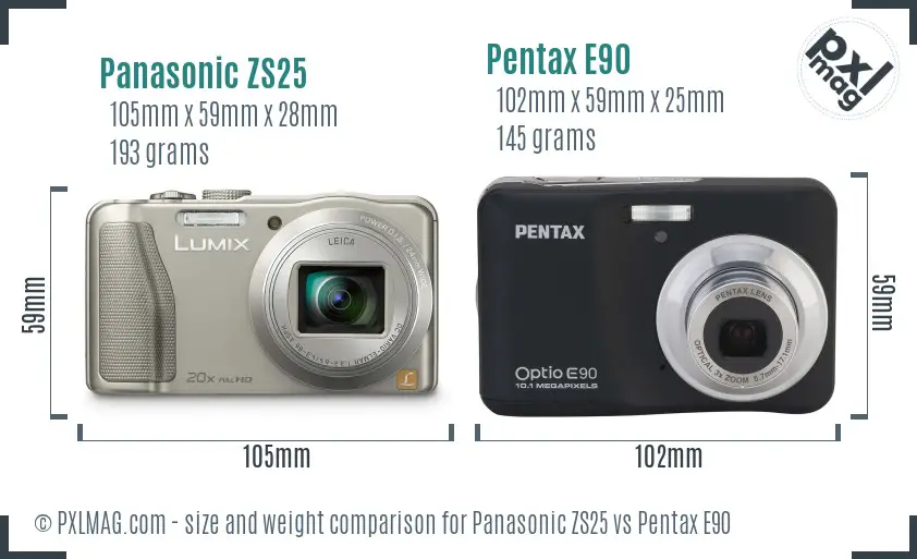 Panasonic ZS25 vs Pentax E90 size comparison