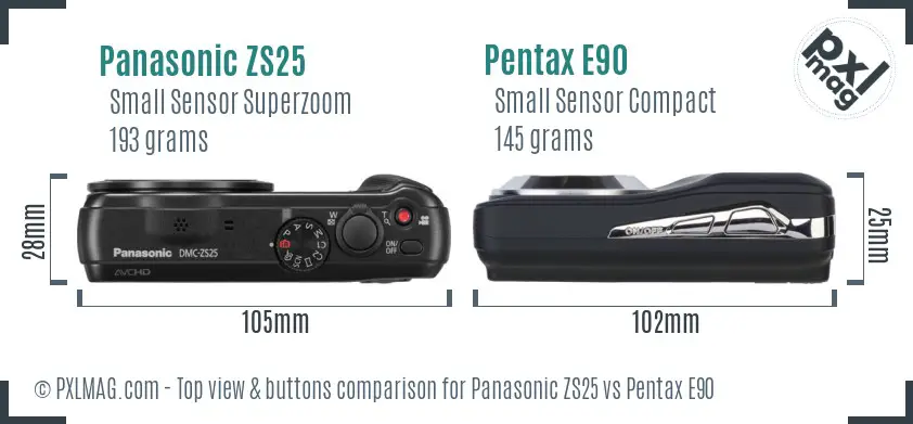 Panasonic ZS25 vs Pentax E90 top view buttons comparison