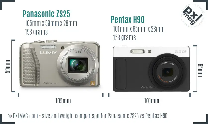 Panasonic ZS25 vs Pentax H90 size comparison