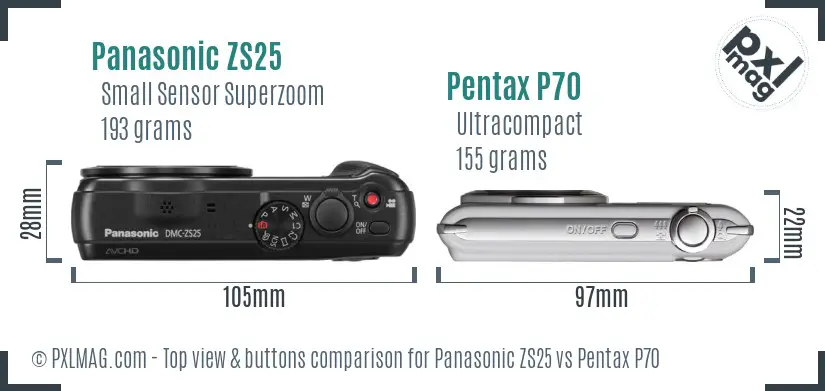 Panasonic ZS25 vs Pentax P70 top view buttons comparison