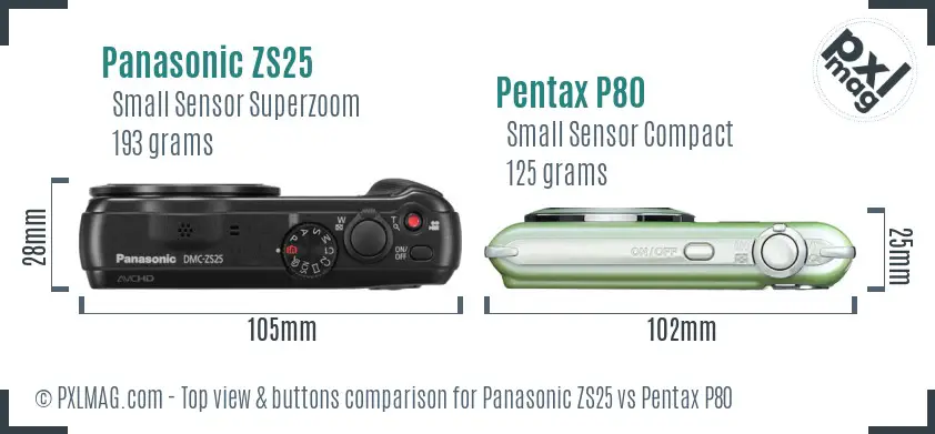 Panasonic ZS25 vs Pentax P80 top view buttons comparison