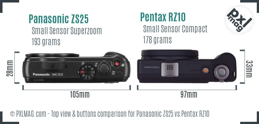 Panasonic ZS25 vs Pentax RZ10 top view buttons comparison