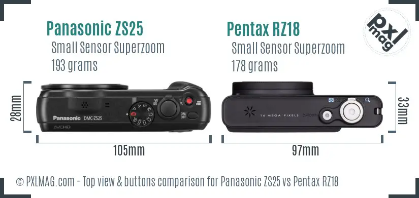 Panasonic ZS25 vs Pentax RZ18 top view buttons comparison