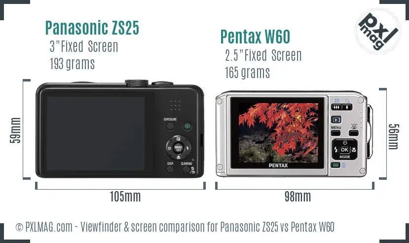 Panasonic ZS25 vs Pentax W60 Screen and Viewfinder comparison
