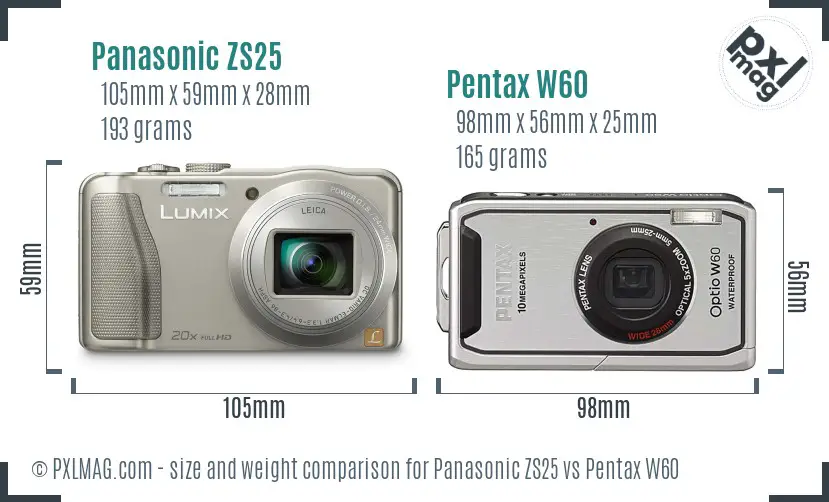 Panasonic ZS25 vs Pentax W60 size comparison
