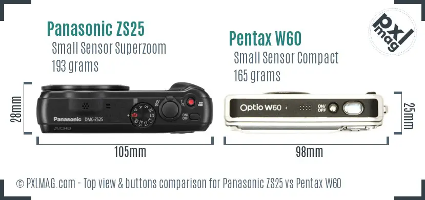 Panasonic ZS25 vs Pentax W60 top view buttons comparison