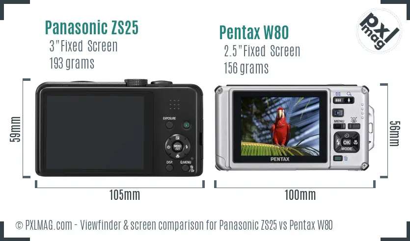 Panasonic ZS25 vs Pentax W80 Screen and Viewfinder comparison