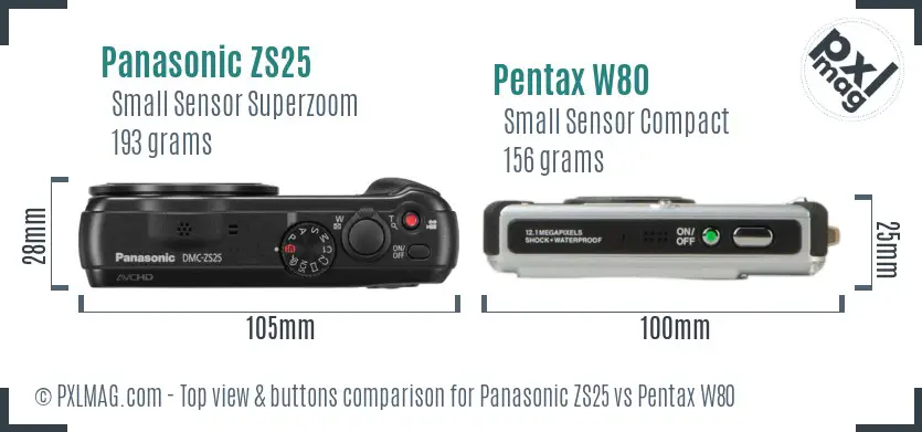 Panasonic ZS25 vs Pentax W80 top view buttons comparison