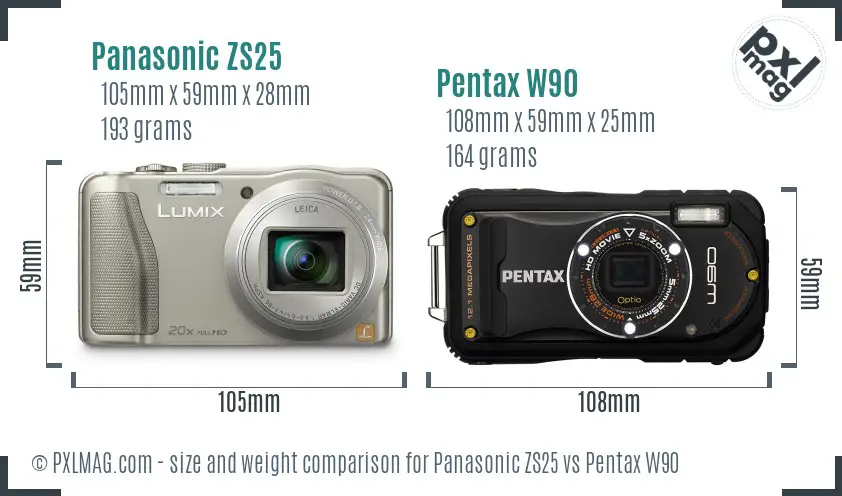 Panasonic ZS25 vs Pentax W90 size comparison