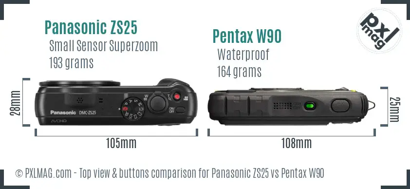 Panasonic ZS25 vs Pentax W90 top view buttons comparison