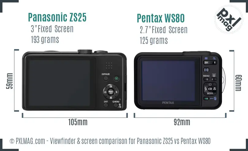 Panasonic ZS25 vs Pentax WS80 Screen and Viewfinder comparison