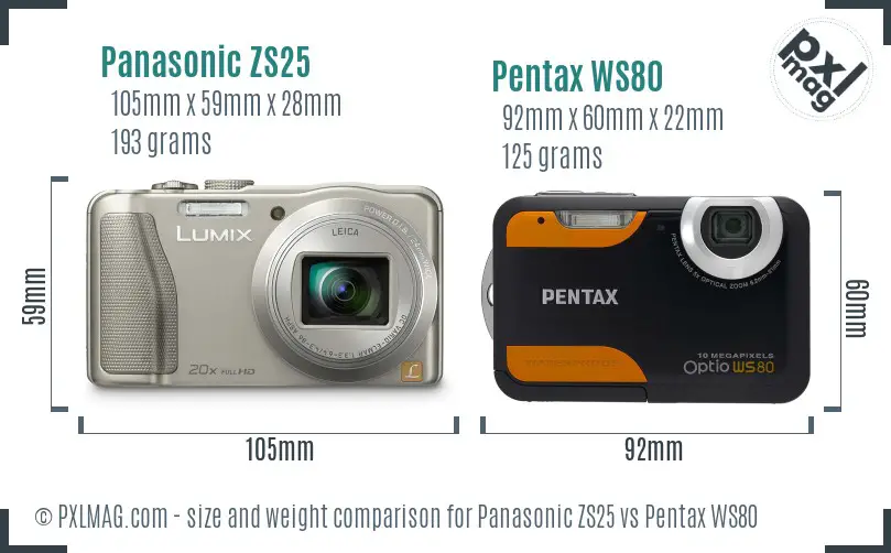 Panasonic ZS25 vs Pentax WS80 size comparison